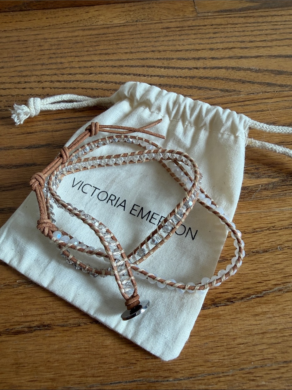 Victoria Emerson Beige Leather Wrap with Clear Crystal Beads